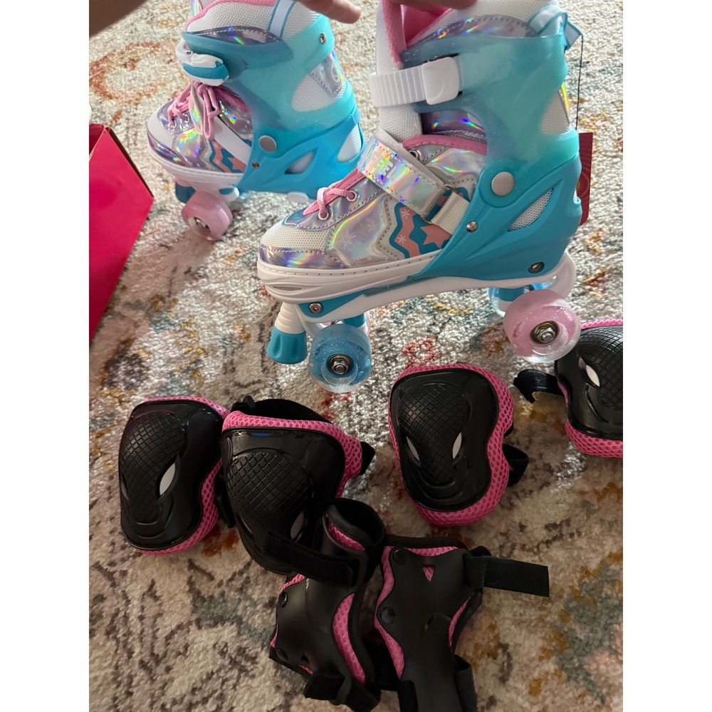 SULIFEEL Rainbow Roller Skates Blue Large Kids Quad Skates Light Up Wheels New